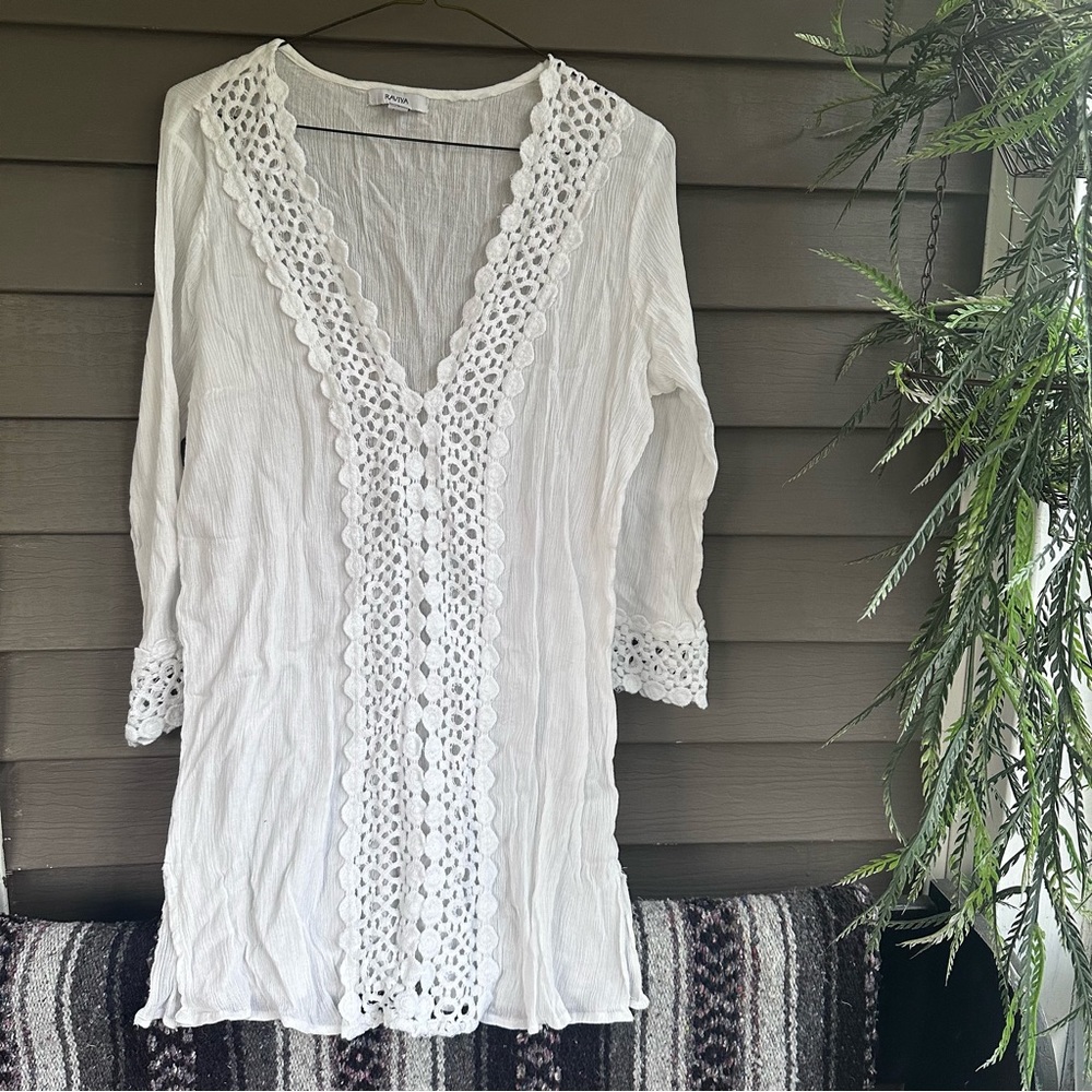 Raviya 💯 Cotton Gauze White Sheer Blouse sz L Swimsuit Coverup
